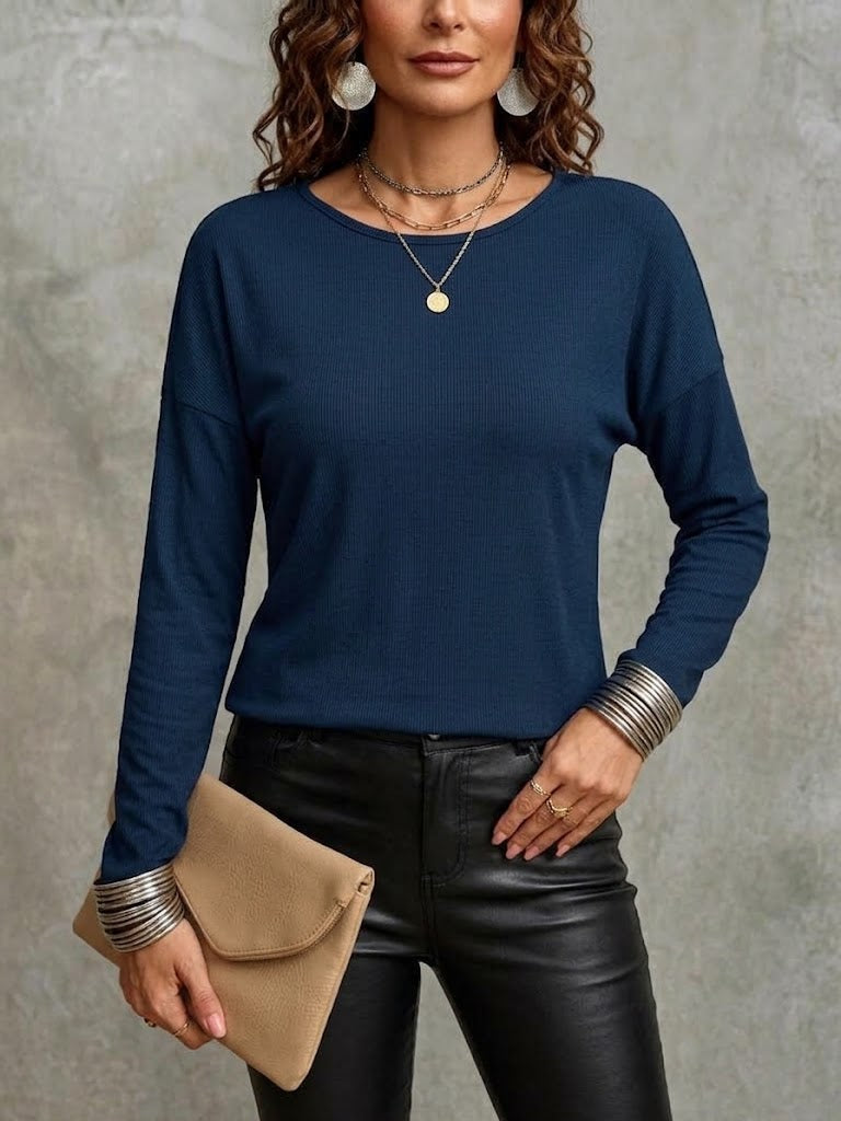 Solid-color Long-sleeve Ribbed T-shirt With Butterfly-floral Back Paneling