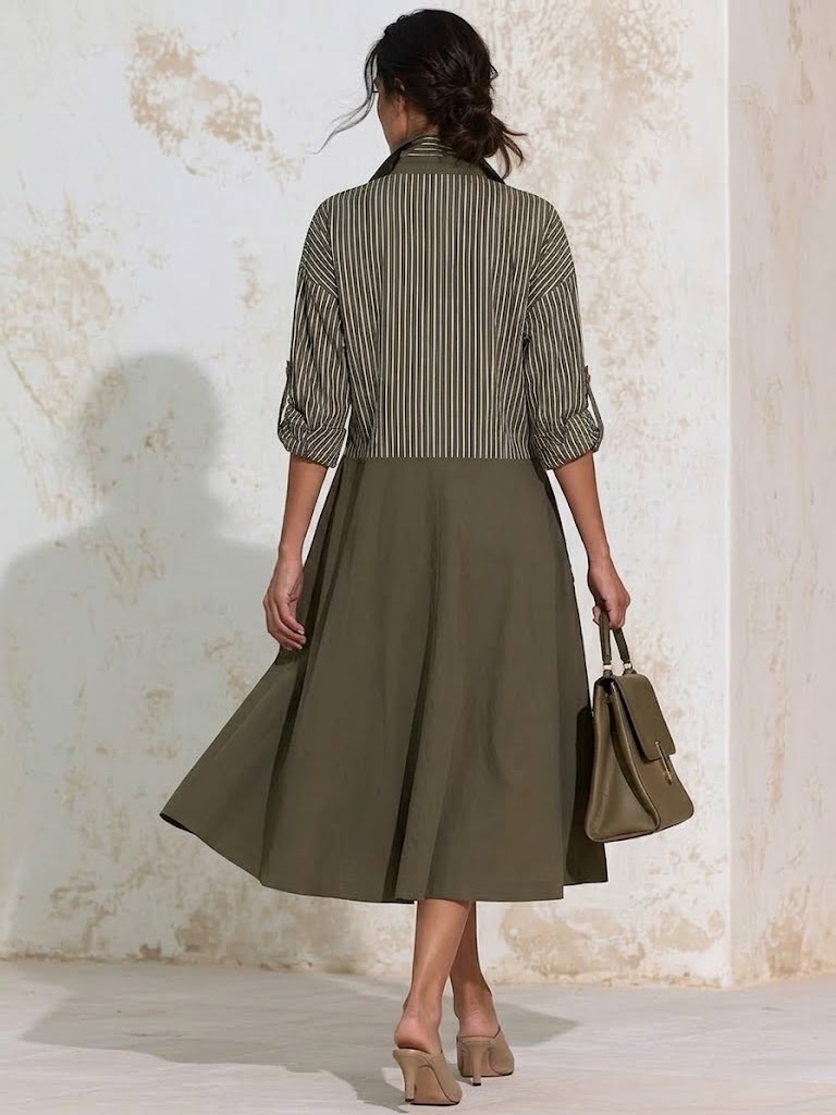 Casual Striped-panel Utility-style Cotton Midi Dress