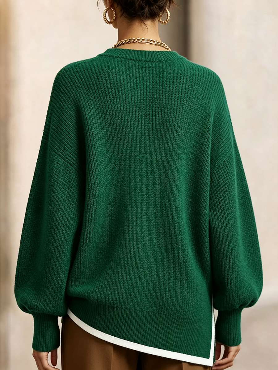 Chic Trimmed Asymmetrical Hem Oversized Sweater Top