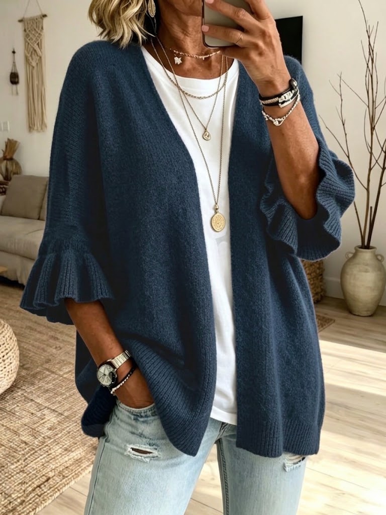 Solid-color, Loose-fit, Casual Knit Cardigan With Three-quarter Sleeves