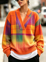 Cozy V-neck Colorful Plaid Pattern Sweater Pullover