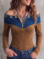 Women's Hollow-out Denim Off-the-shoulder Patchwork Faux Suede Long-sleeved Casual Loose Top