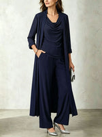 Chic Slate Blue Cowl-neck Top, Duster Cardigan & Flowing Wide-leg Pants