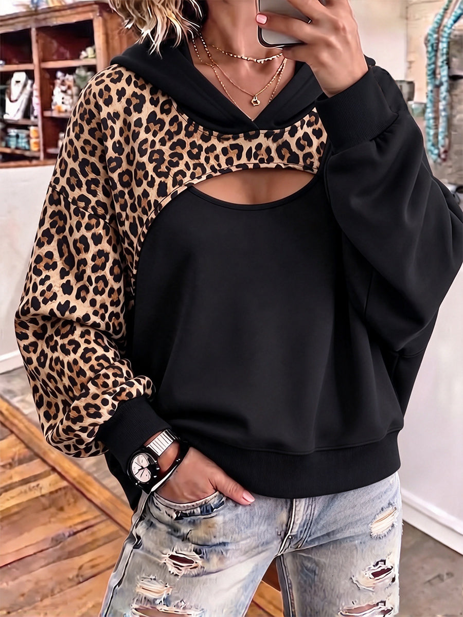 Edgy Leopard-Patchwork Cutout Hooded Sweatshirt