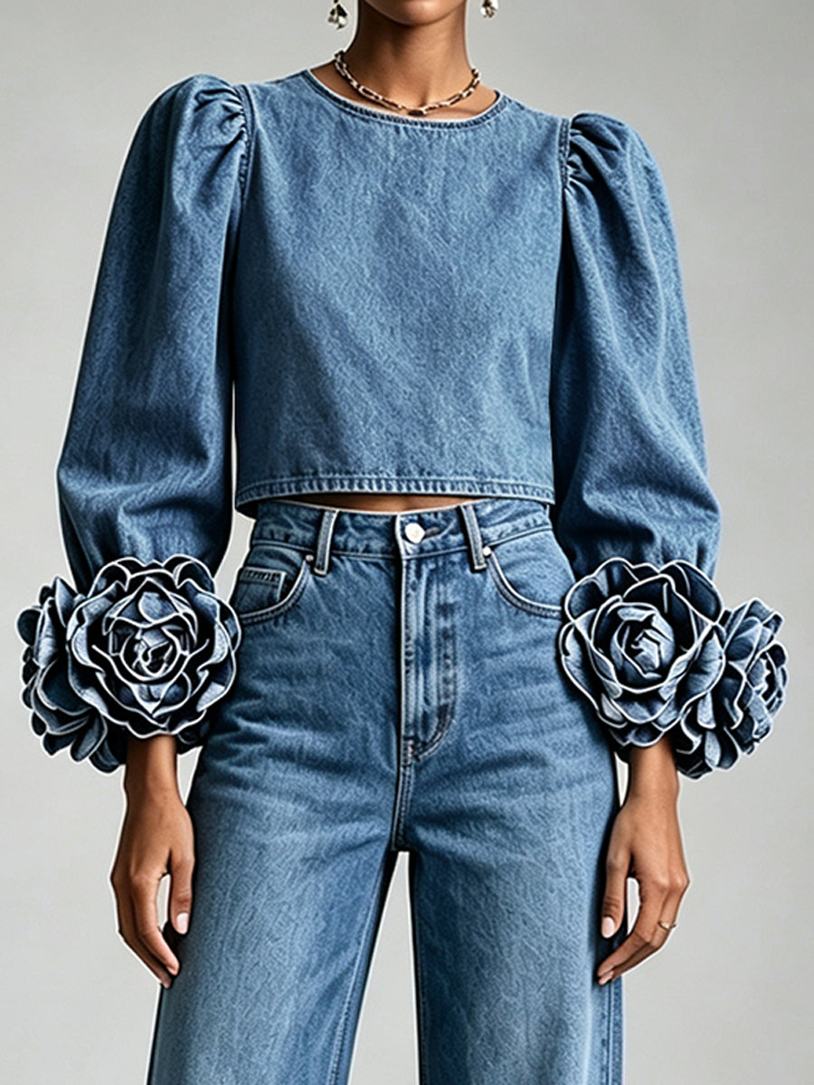 Stylish 3d Rose Denim Top