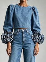 Stylish 3d Rose Denim Top