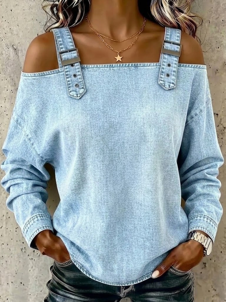 Adjustable Strap Cold‑shoulder Denim Long Sleeve Top