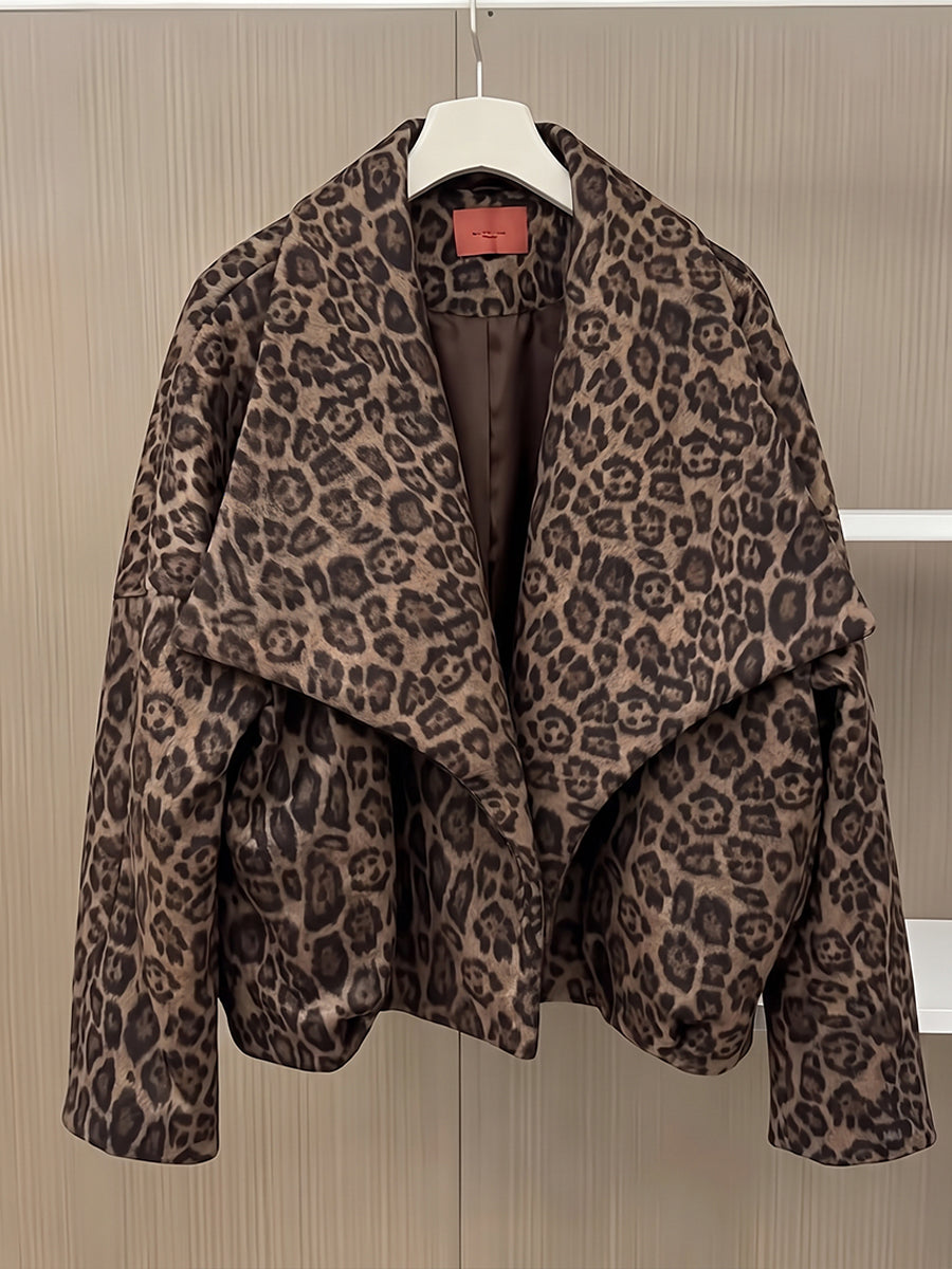Chic Leopard-Print Open-Front Puffer Jacket