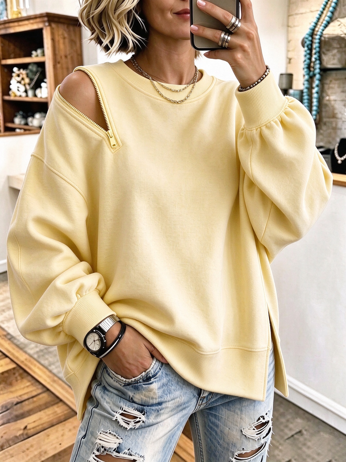 One-shoulder Sweatshirt With A Side Zipper And Lantern Sleeves