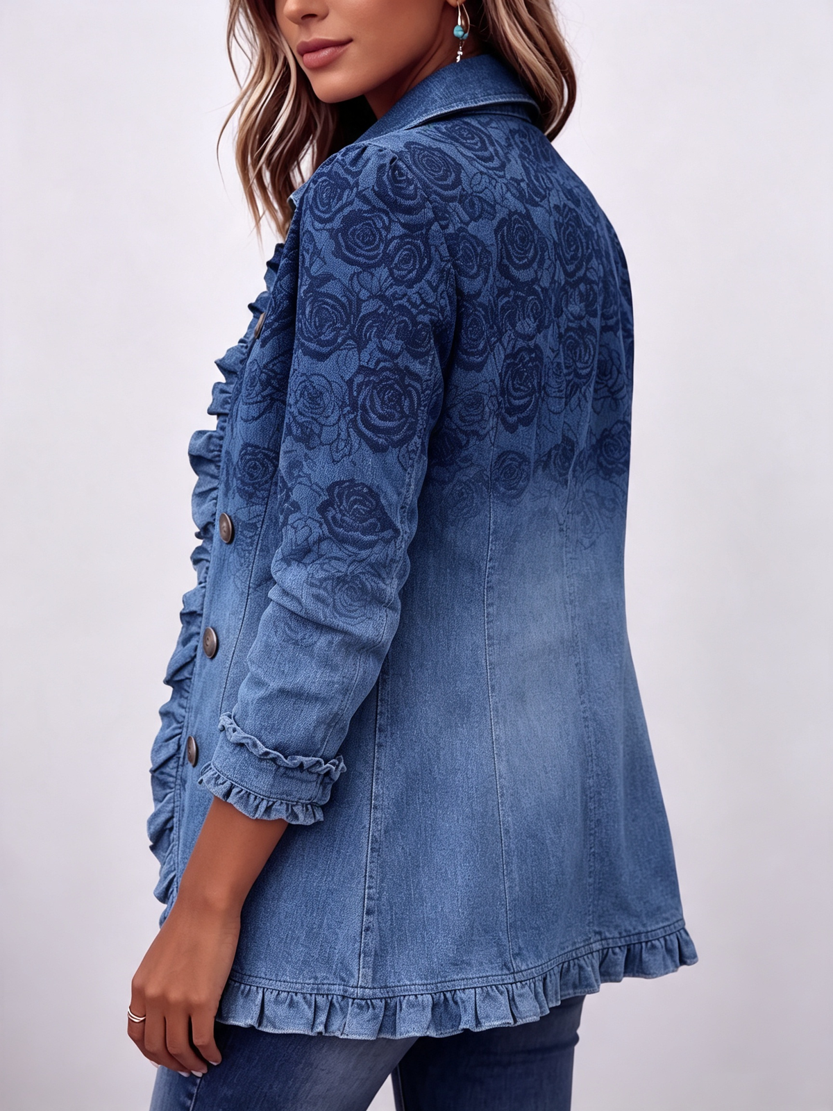 Retro Blue Rose Gradient Print Ruffle Jacket