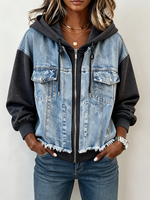 Casual Denim Patchwork Hooded Jacket