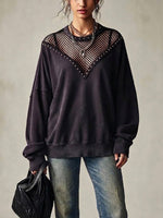 Casual Mesh-paneled, Stud-embellished Loose Sweatshirt