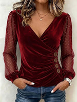 Elegant Velvet Fitted Top With Spliced chiffon Sleeves