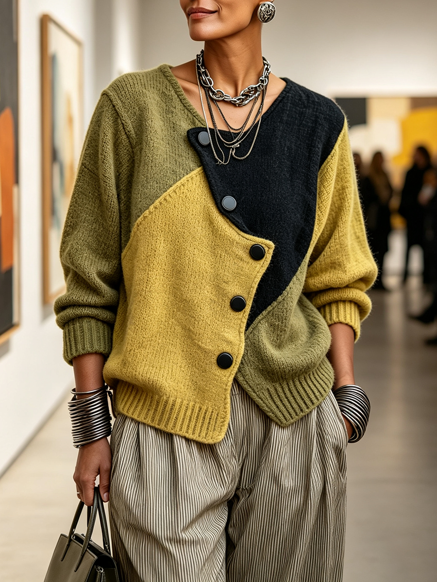 Artisti Cozy Asymmetric Color-block Knit Sweater