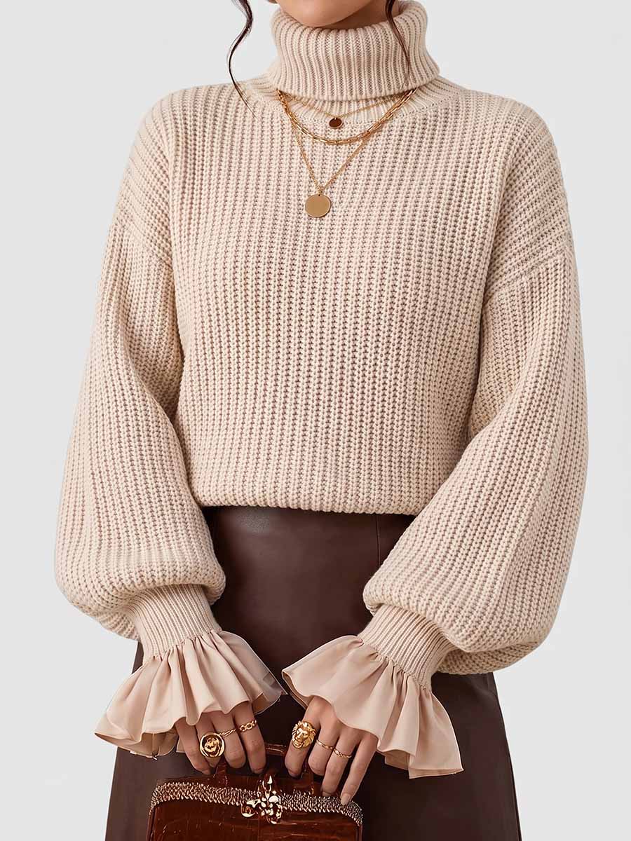 Women's Solid Color High Neck Long Sleeve Casual Loose Knitted Pullover