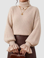 Women's Solid Color High Neck Long Sleeve Casual Loose Knitted Pullover