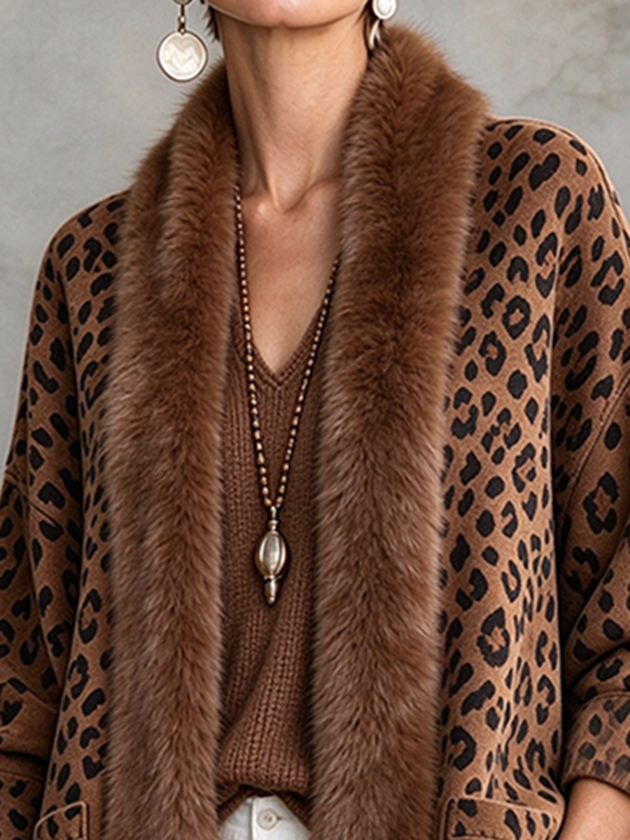 Boho Relaxed Open-front Faux Fur Trim Leopard Print Cardigan