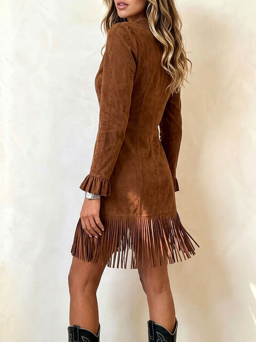 Western Style Faux Suede Fringe Hem Button-front Dress