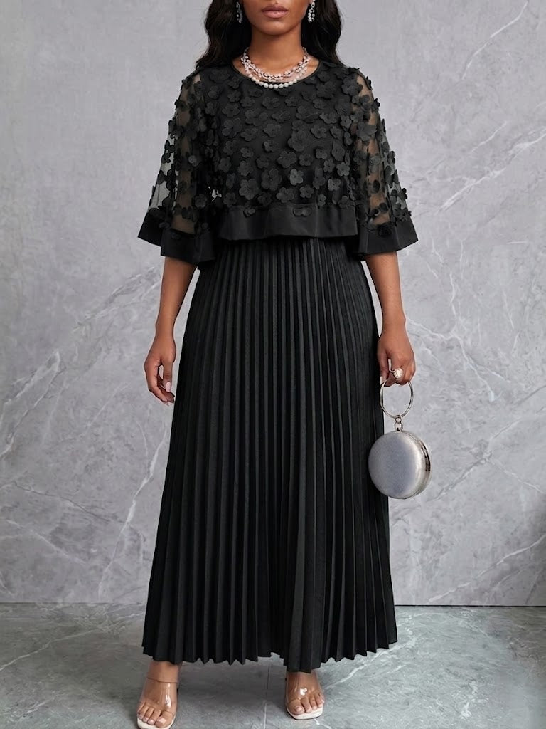 Mid-length Dress Featuring A Spliced mesh Cape With 3d Floral Appliqués