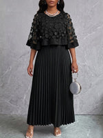 Mid-length Dress Featuring A Spliced mesh Cape With 3d Floral Appliqués