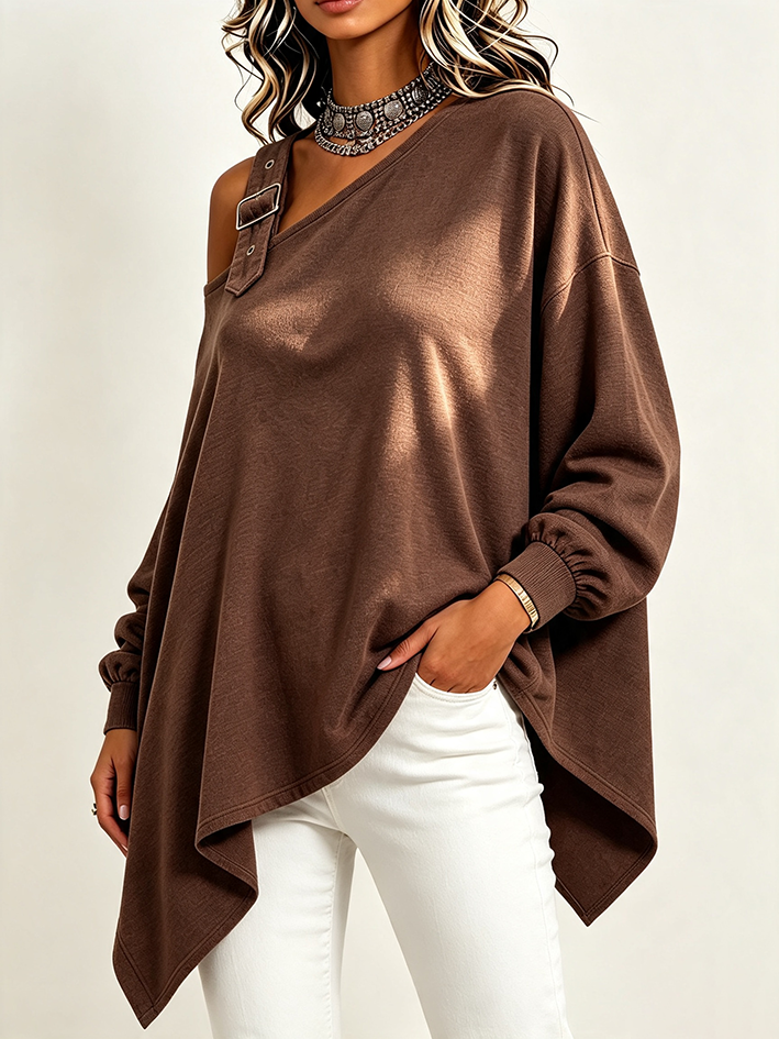 Chic Asymmetrical Brown Cotton Sweatshirt