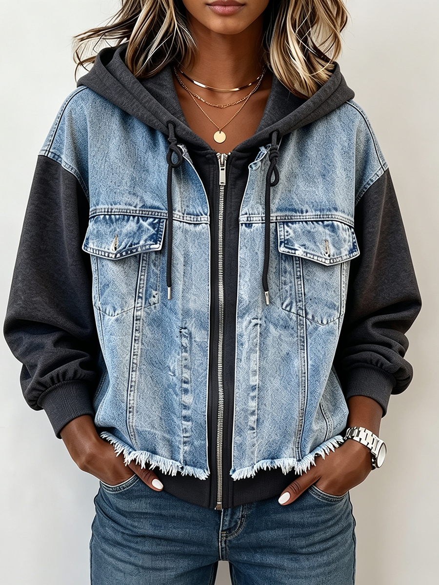 Casual Denim Patchwork Hooded Jacket