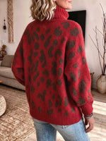 Women's Red Leopard Print Turtleneck Sweater With Leather Pocket