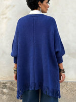 Elegant Royal Blue Double-breasted Fringe Knit Oversized Long Sweater