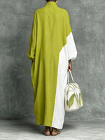 Elegant Chartreuse & White Mock-neck Oversized Floral Print Maxi Dress