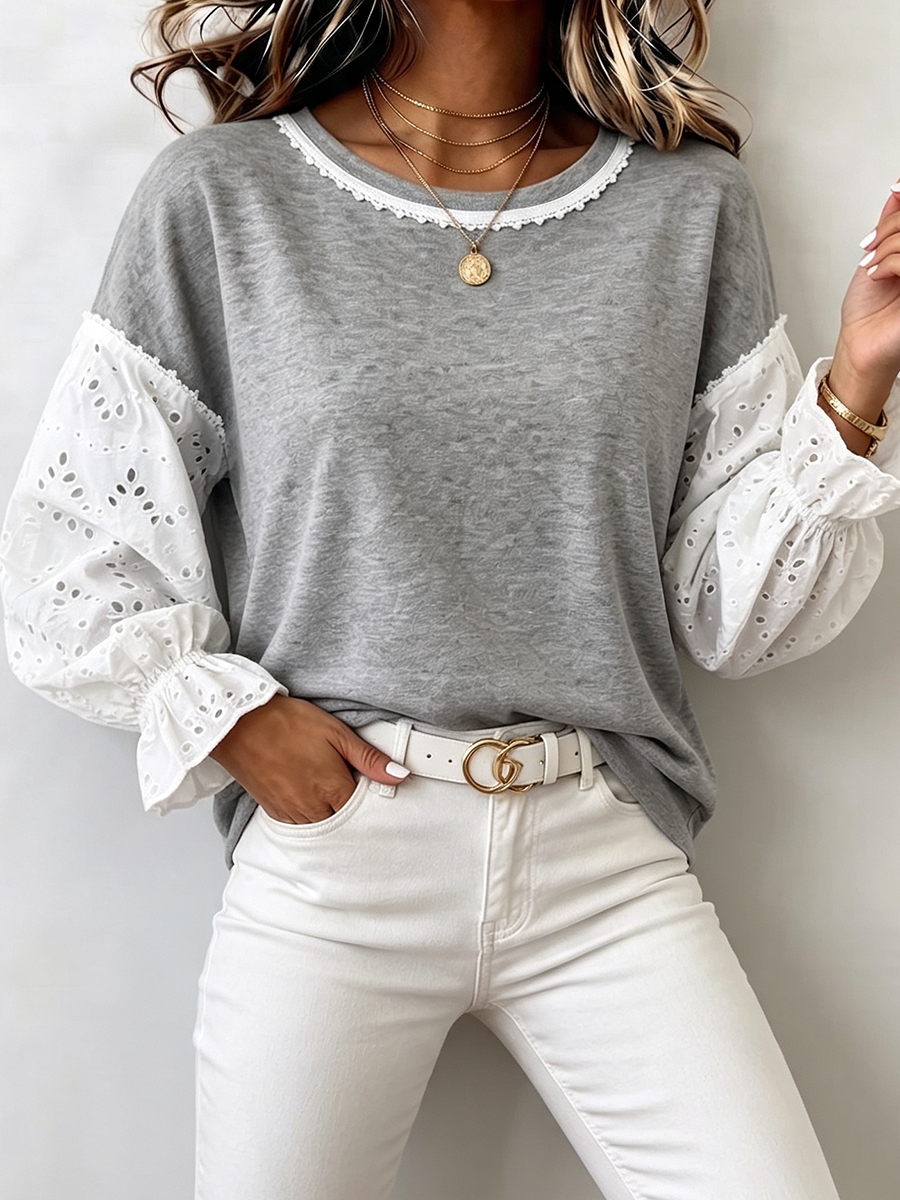 Retro Casual Lace Puff Sleeve Sweatshirt