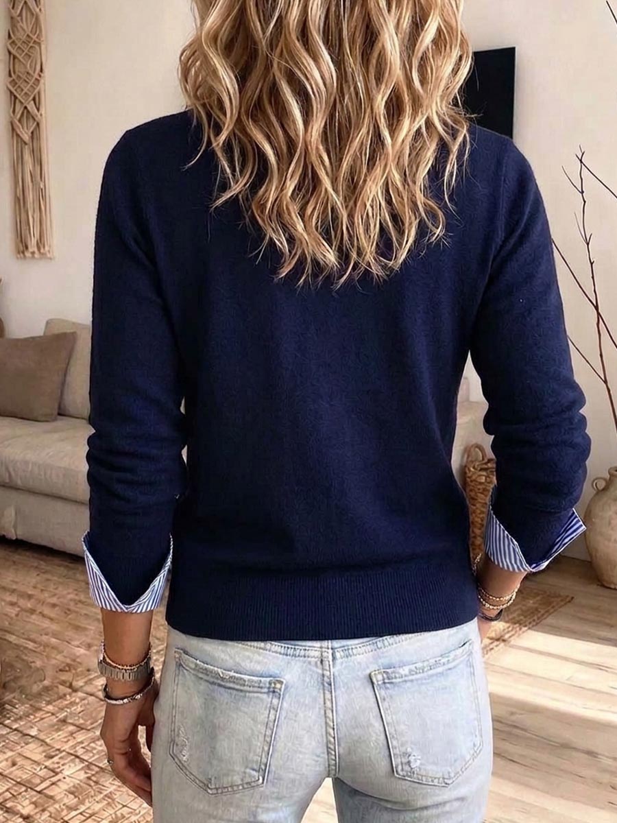 Striped Shirt Illusion Layered Knit Cardigan