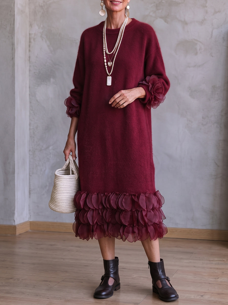 Chic Organza-Ruffle Knit Midi Dress
