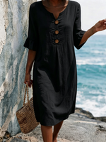 Solid-color Cotton Dress Featuring A V-neck, Three Wooden Buttons, Front Pleats, And Flattering Ruffled Mid-length Sleeves