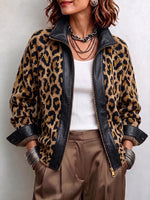 Bold Leopard Knit Leather-Trim Jacket