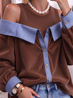 Casual Cold Shoulder Striped Top Corduroy Faux Two-piece Top