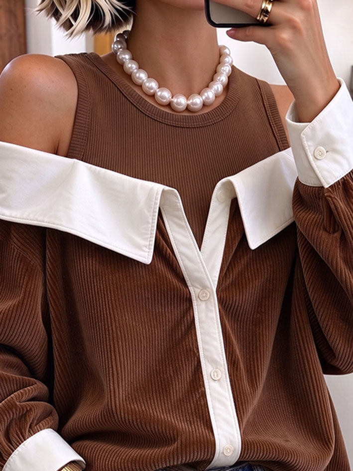 Casual Corduroy Cold Shoulder Faux Two-piece Top
