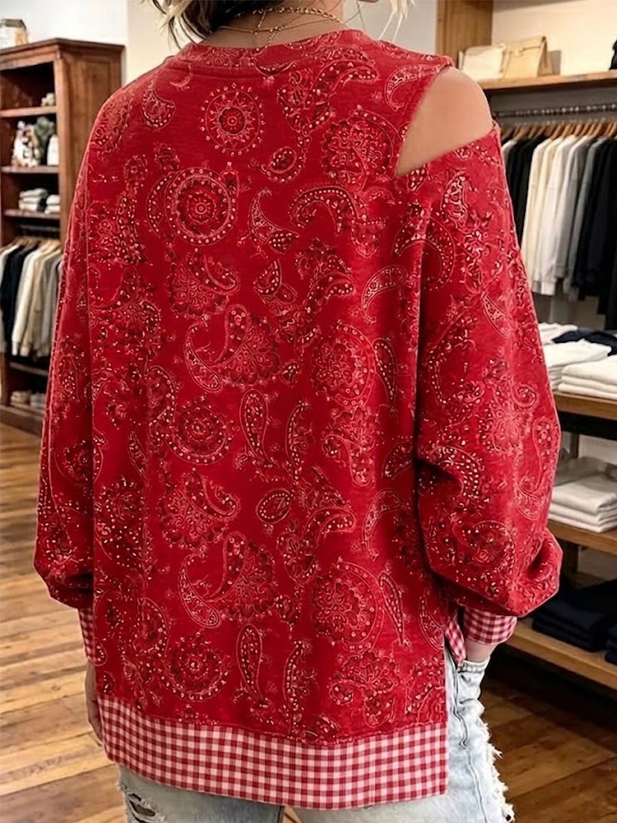 Retro Paisley Print And Plaid Patchwork Asymmetrical Cut-out Top