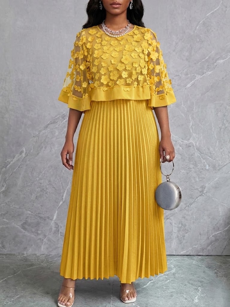 Mid-length Dress Featuring A Spliced mesh Cape With 3d Floral Appliqués