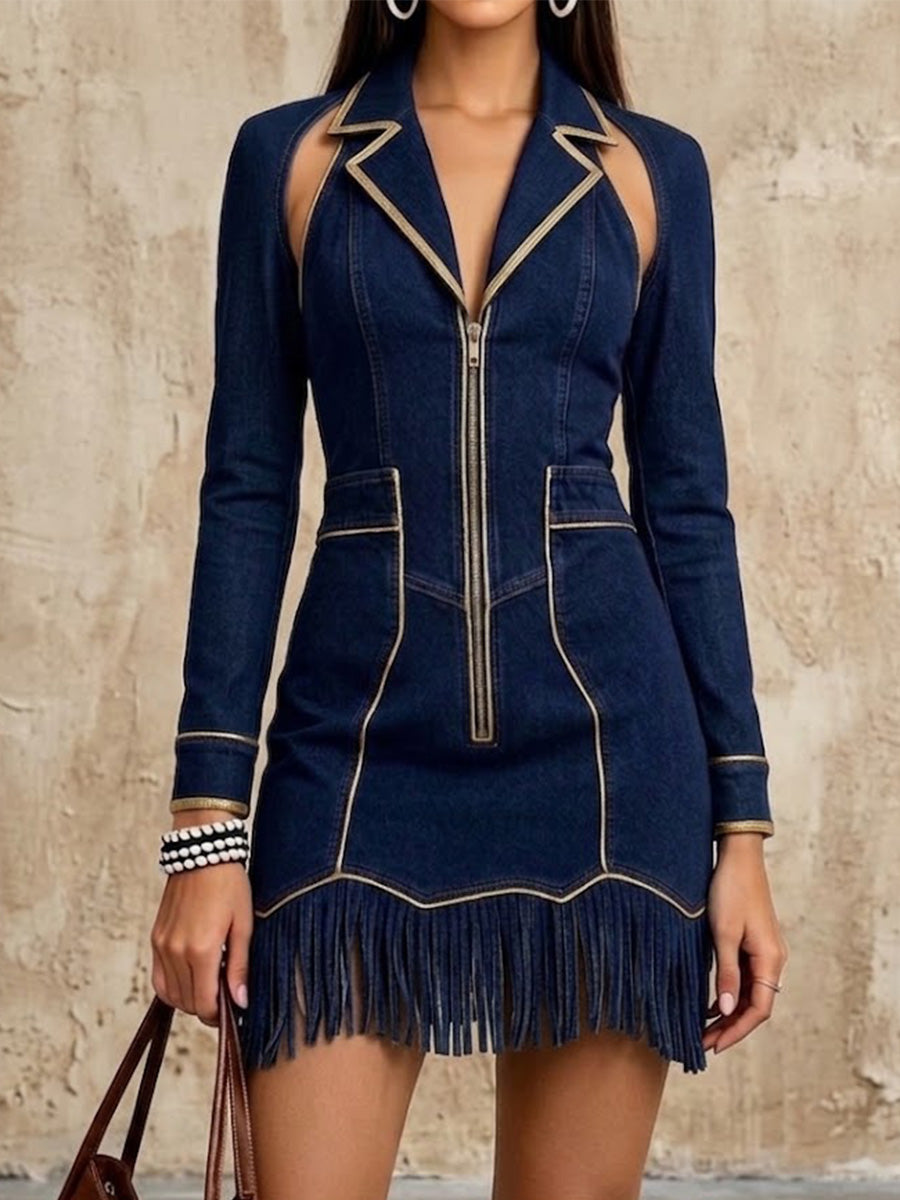 Lapel Cut‑out Fringe Denim Mini Dress
