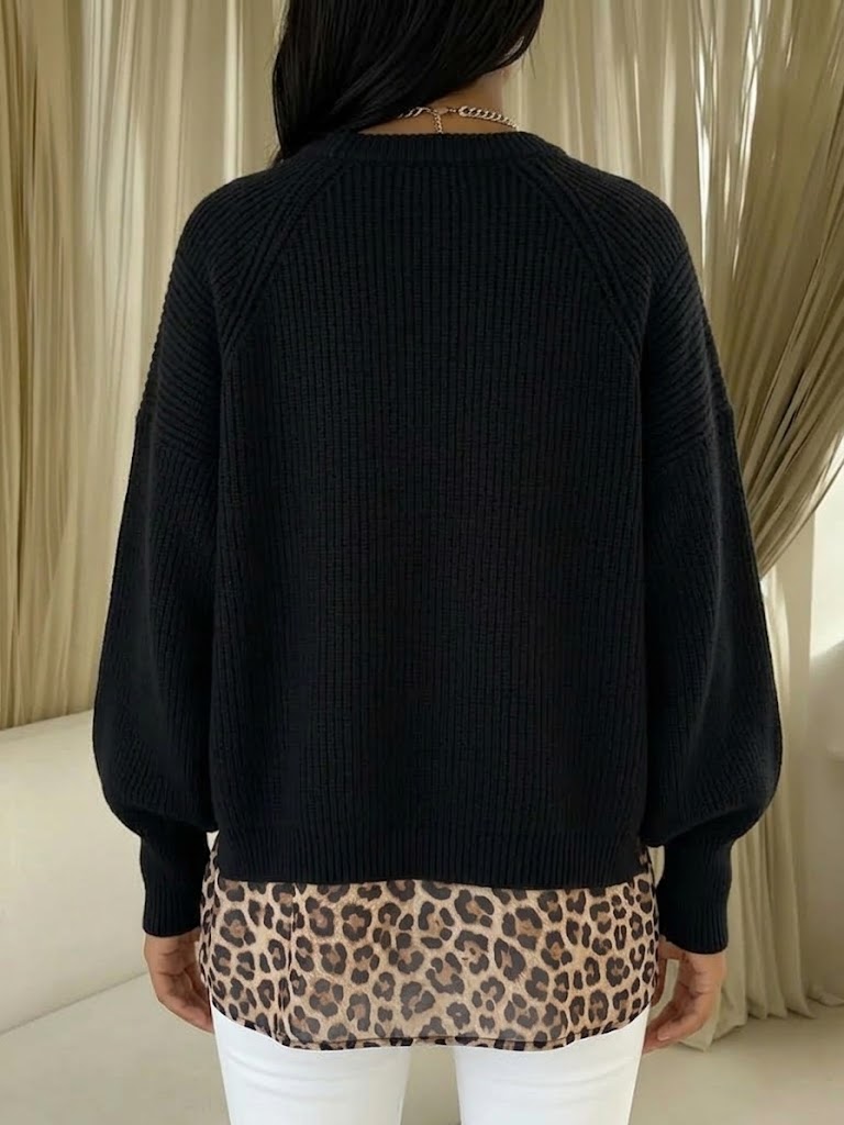 Comfortable And Casual Knit Top With Leopard-print Chiffon Paneling