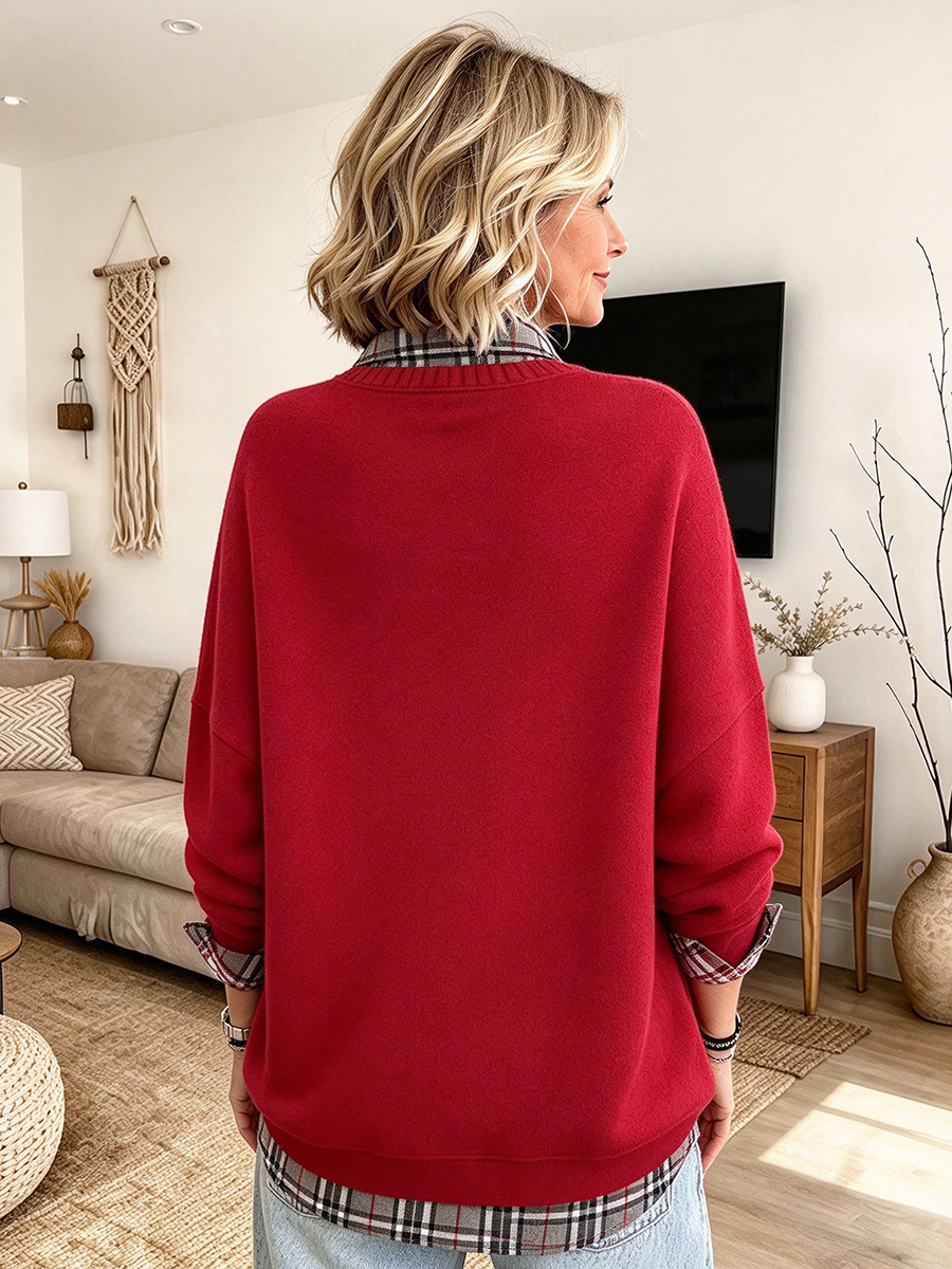 Fake-two-piece Plaid Layering Horse Graphic Sweatershirt