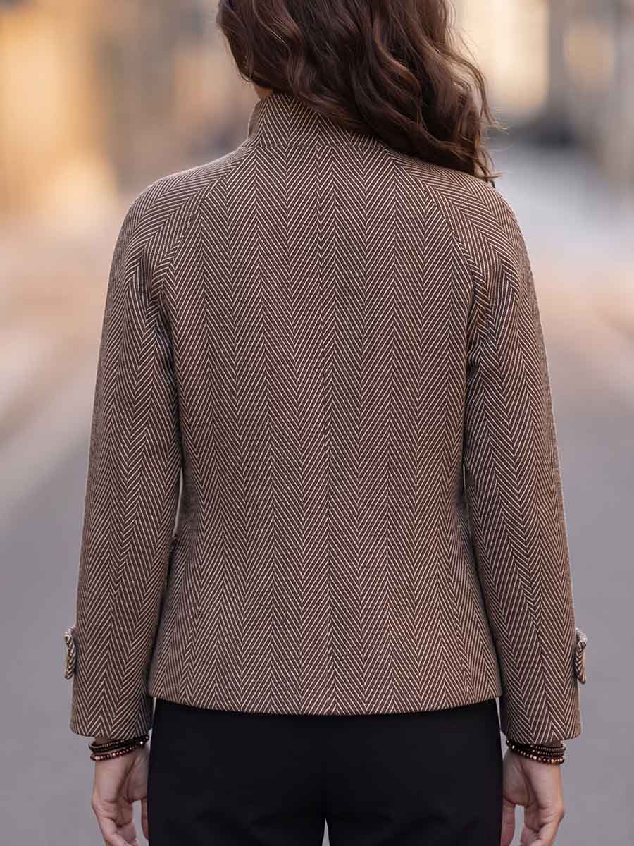 Women's Herringbone Stand Collar Long-sleeved Casual Loose Cardigan Jacket