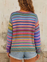 Multicolor Crew-neck Striped Knitted Cardigan