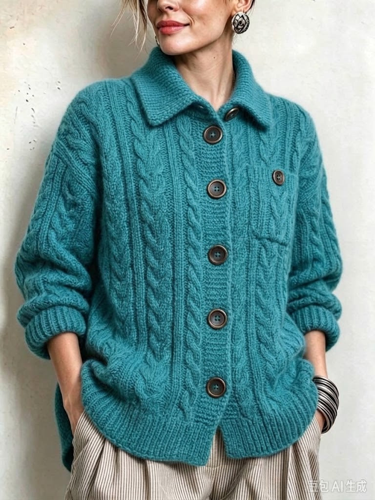 Casual Cable-knit Wool-blend Cardigan