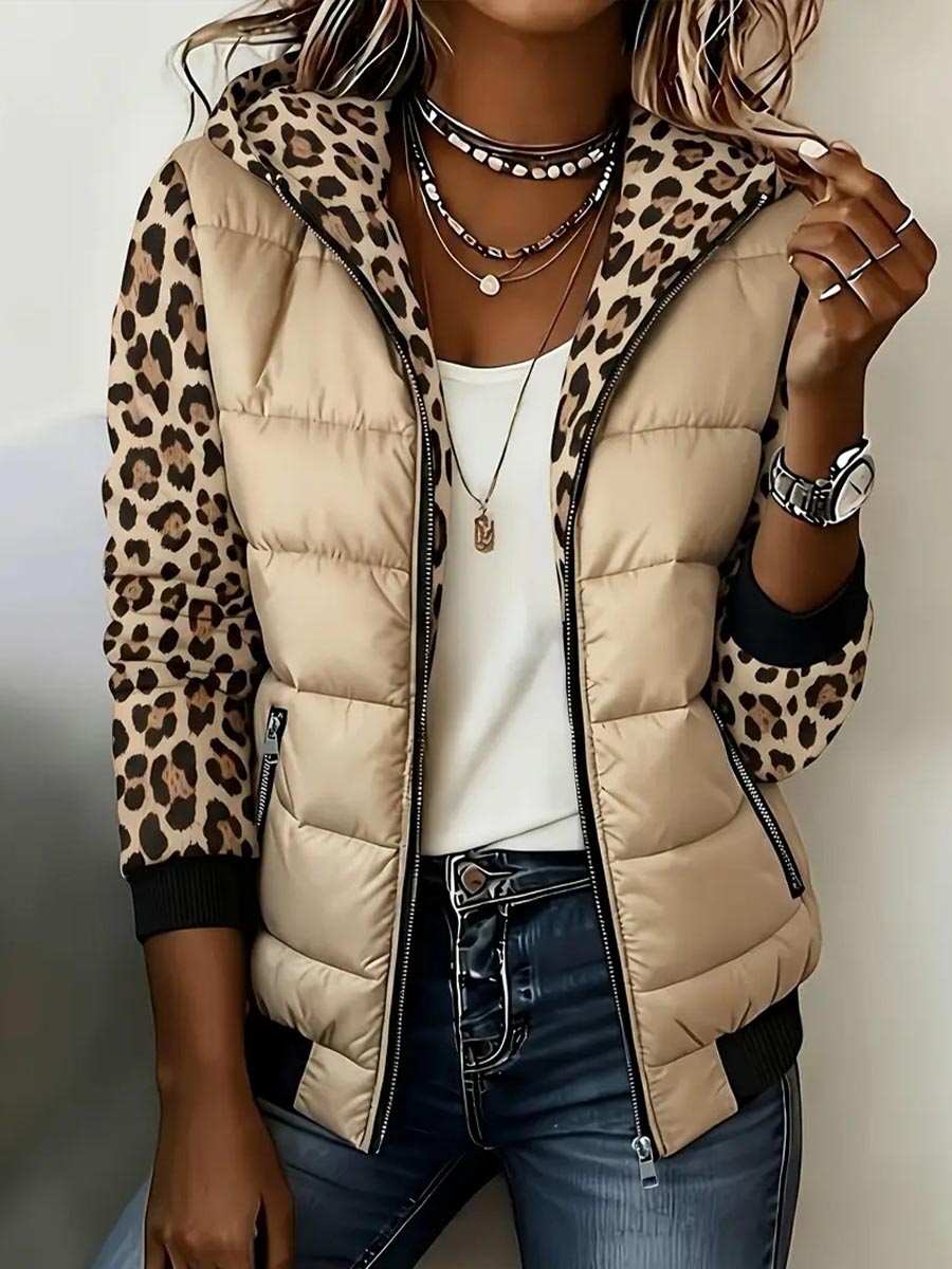 Women's Khaki Quilted Zip-up Jacket With Leopard Sleeves