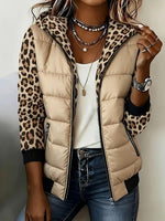 Women's Khaki Quilted Zip-up Jacket With Leopard Sleeves