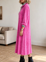 Chic Bright Pink Floral Jacquard Half-zip Dress