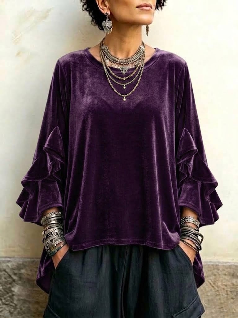 Velvet Ruffle-trim Flared-sleeve Crew-neck Top