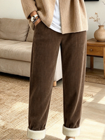 Cozy Relaxed Elastic Waist Fleece-lined Brown Corduroy Pants