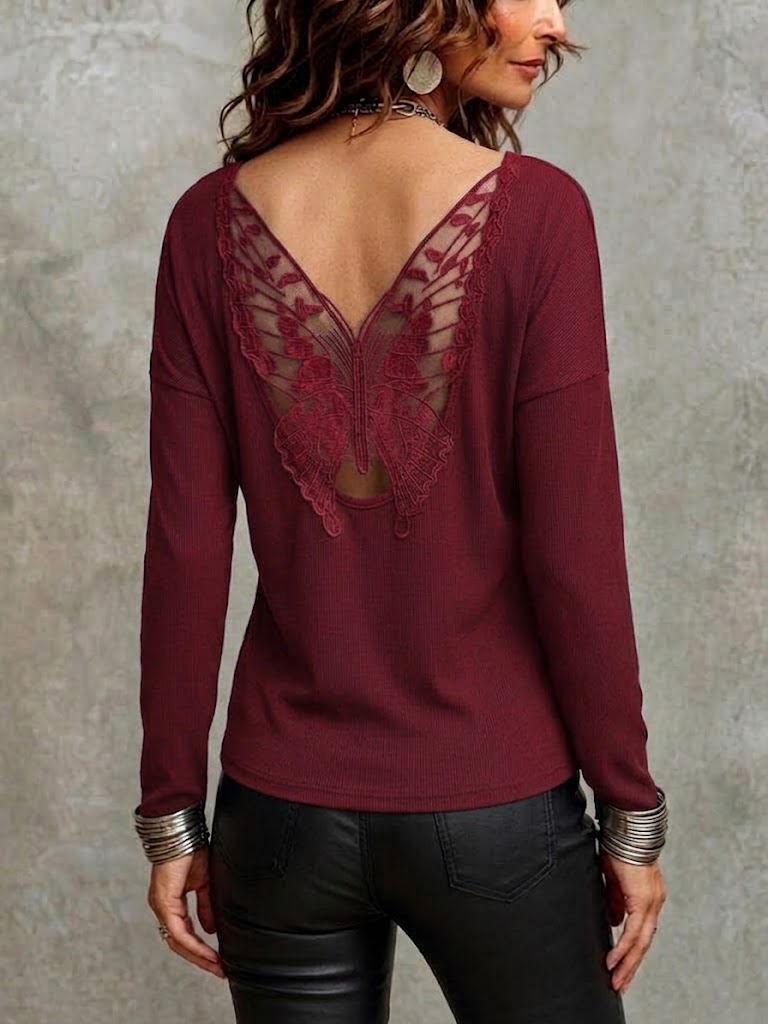 Solid-color Long-sleeve Ribbed T-shirt With Butterfly-floral Back Paneling